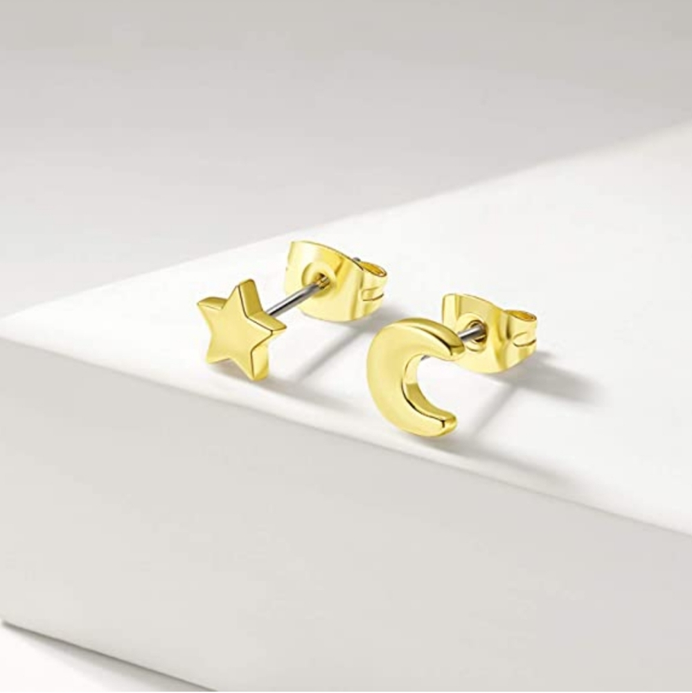 Star and moon 14k gold plated stud dainty earrings